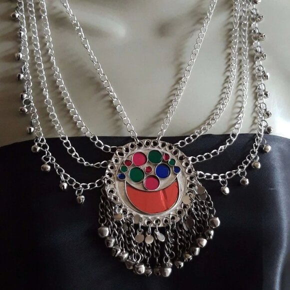 Ethnic Multilayers Bib Necklace, Tribal Silver Bib Necklace, Kuchi Boho Jewelry - Picture 1 of 6